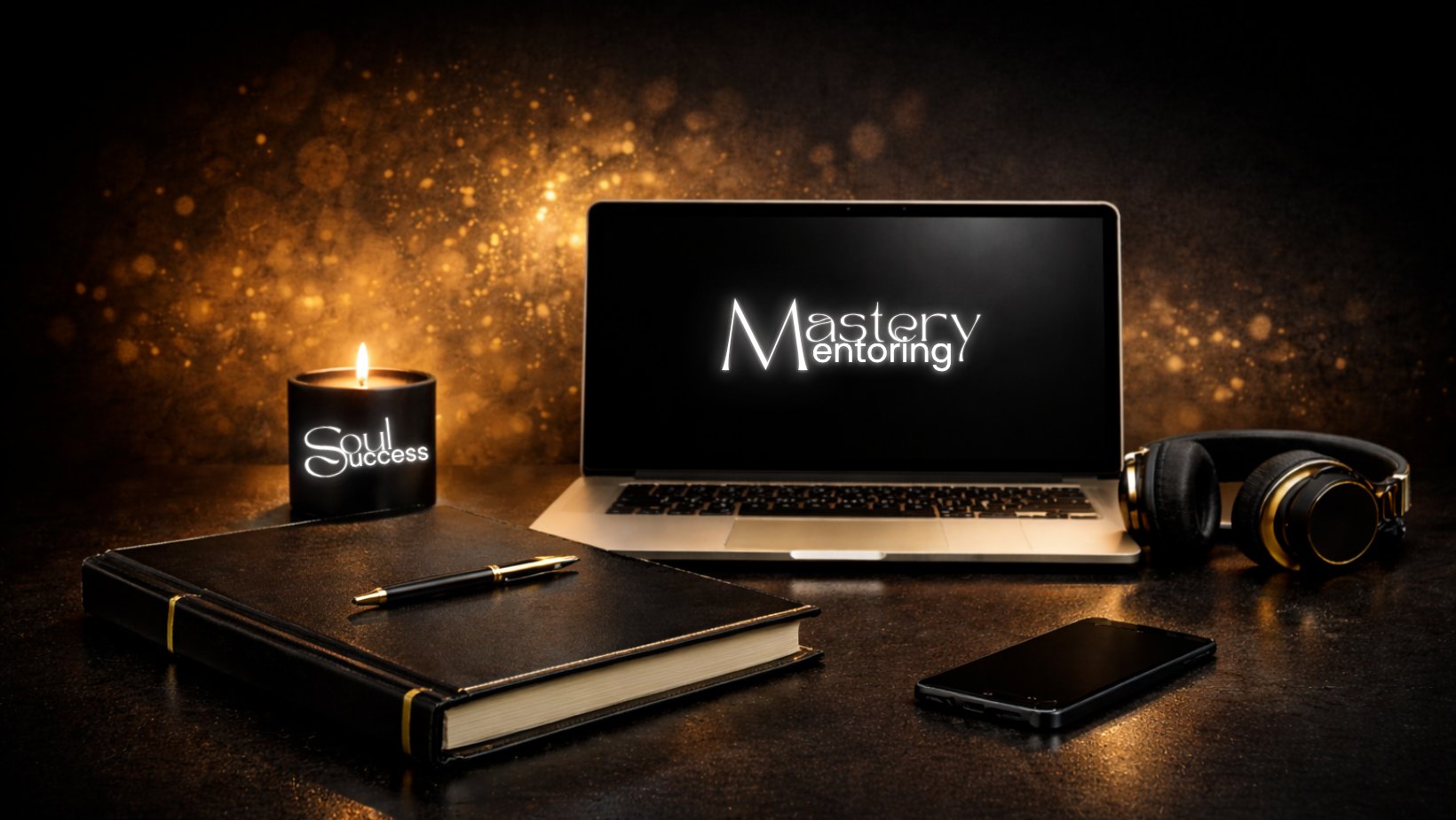 Laptop mit Schriftzug Mastery Mentoring, Kerze, Notizbuch und Kopfhörer auf einem dunklen Schreibtisch