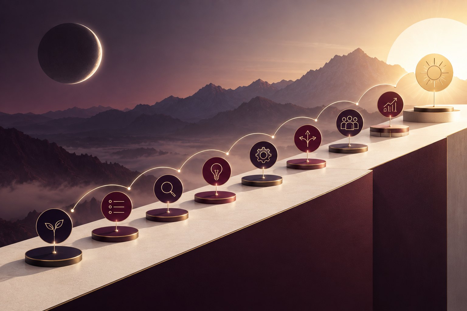 Neun Stationen vom Neumond zur Sonne über den Bergen