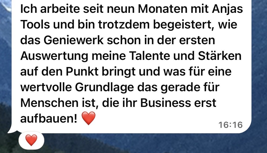 Nachricht von Nathalie: Ich arbeite seit neun Monaten mit Anjas Tools und bin trotzdem begeistert, wie das Geniewerk schon in der ersten Auswertung meine Talente und Stärken auf den Punkt bringt und was für eine wertvolle Grundlage das gerade für Menschen ist, die ihr Business erst aufbauen!